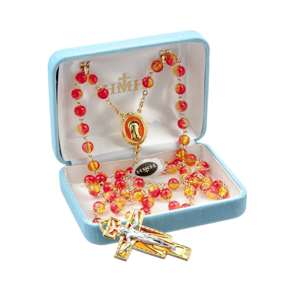 Gold and Red Crackle Bead New England Pewter Rosary in Box, HMH Religious