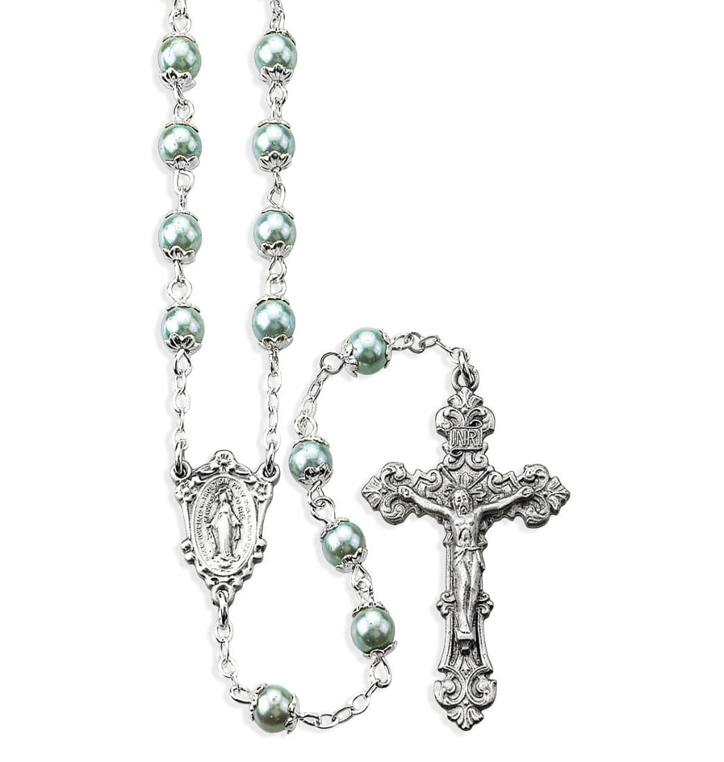 HMH Religious Light Blue Imitation Pearl Double Capped New England Pewter Rosary,