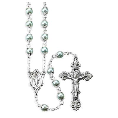 Light Blue Imitation Pearl Double Capped New England Pewter Rosary, HMH Religious