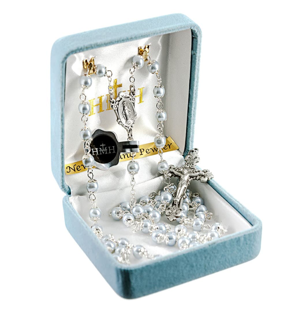 HMH Light Blue Imitation Pearl Double Capped New England Pewter Rosary in Box,