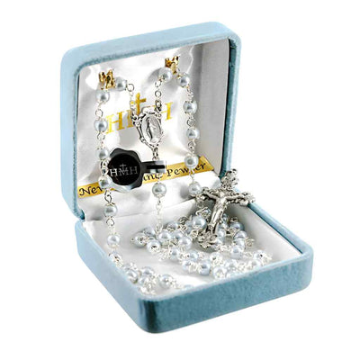 Light Blue Imitation Pearl Double Capped New England Pewter Rosary in Box, HMH Religious