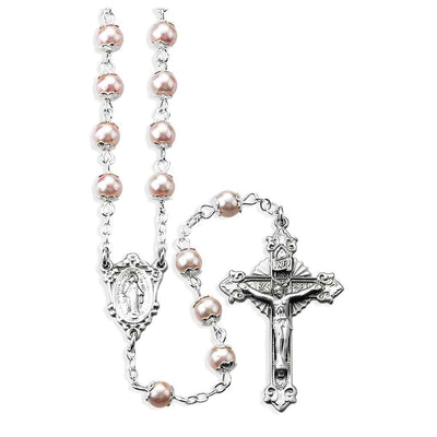 5mm Pink Imitation Pearl Double Capped Pewter Rosary, HMH Religious
