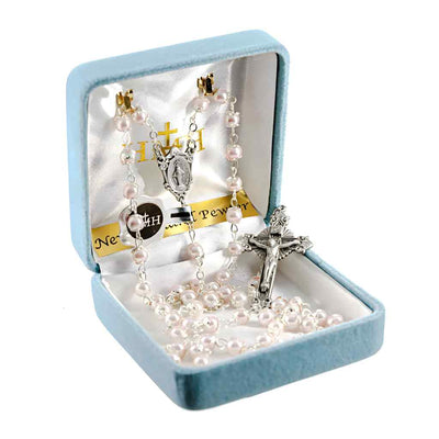 5mm Pink Imitation Pearl Double Capped Pewter Rosary in Box, HMH Religious