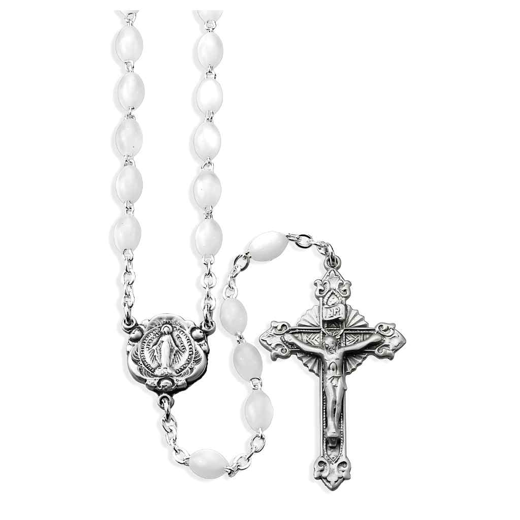5x7mm Faux Mother of Pearl Glass Oval Beads Rosary, Crucifix and Miraculous Medal Center in Genuine Pewter, HMH Religious