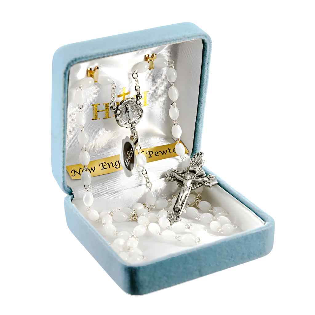 5x7mm Faux Mother of Pearl Glass Oval Beads Rosary, Crucifix and Miraculous Medal Center in Genuine Pewter in gift box (view 3)