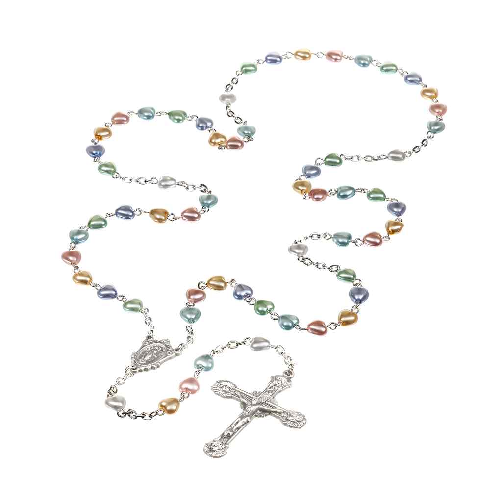 Multi-Color Pastel Heart Pewter Pearlized Glass Rosary (view 2), HMH Religious