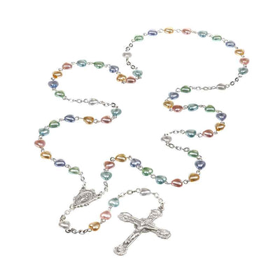 Multi-Color Pastel Heart Pewter Pearlized Glass Rosary (view 2), HMH Religious