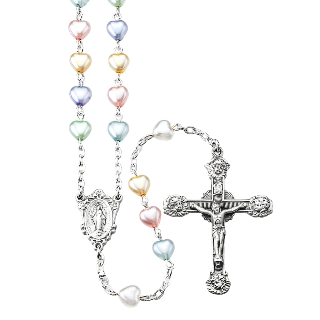 6mm Heart shape multi-colored pastel glass beads rosary with pewter Miraculous centerpiece and crucifix, HMH Religious