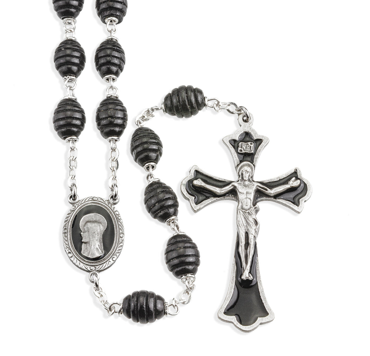 Madonna Black Beehive Boxwood Enameled Pewter Rosary