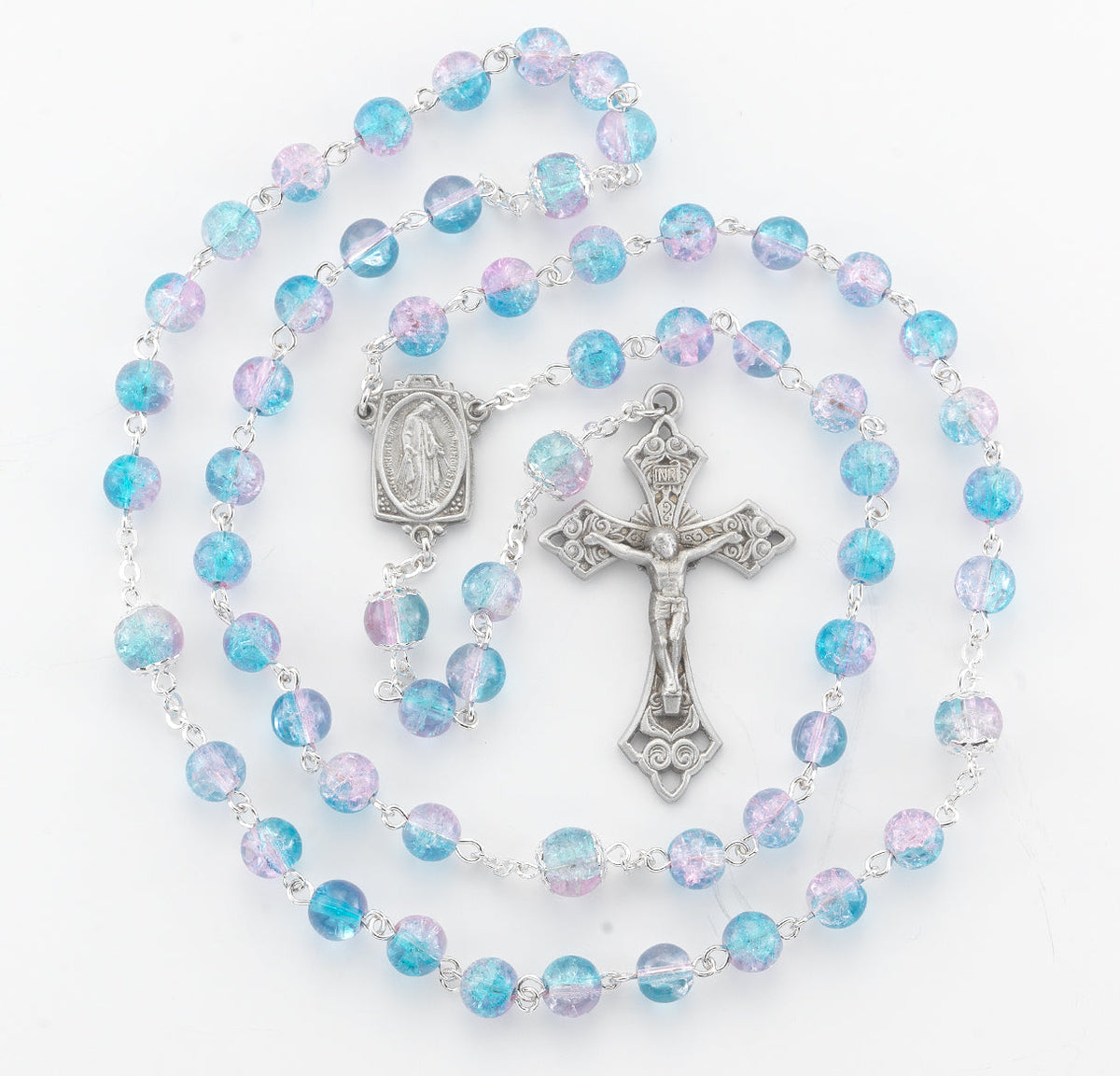 HMH Aqua and Pink Crackle Glass Bead New England Pewter Rosary