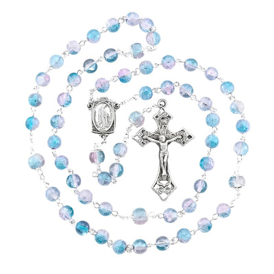 Aqua and Pink Crackle Glass Bead New England Pewter Rosary (view 2), HMH Religious