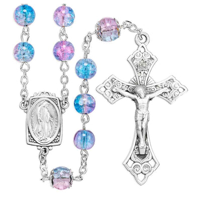 Aqua and Pink Crackle Glass Bead New England Pewter Rosary, HMH Religious