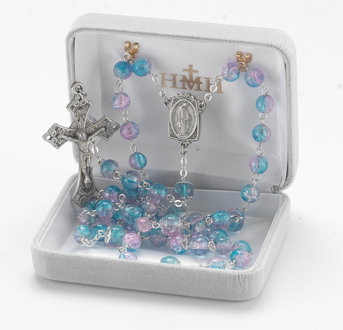 HMH Aqua and Pink Crackle Glass Bead New England Pewter Rosary in Box