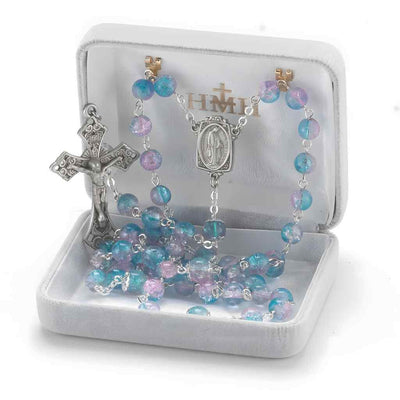 Aqua and Pink Crackle Glass Bead New England Pewter Rosary in Box, HMH Religious (view 3)