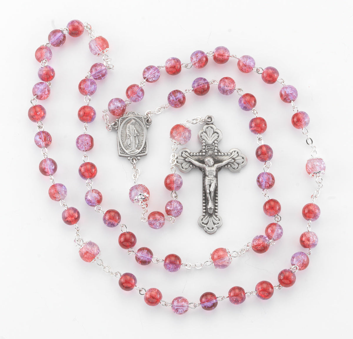 HMH Religious Ruby/Amethyst Crackle Glass Pewter Rosary