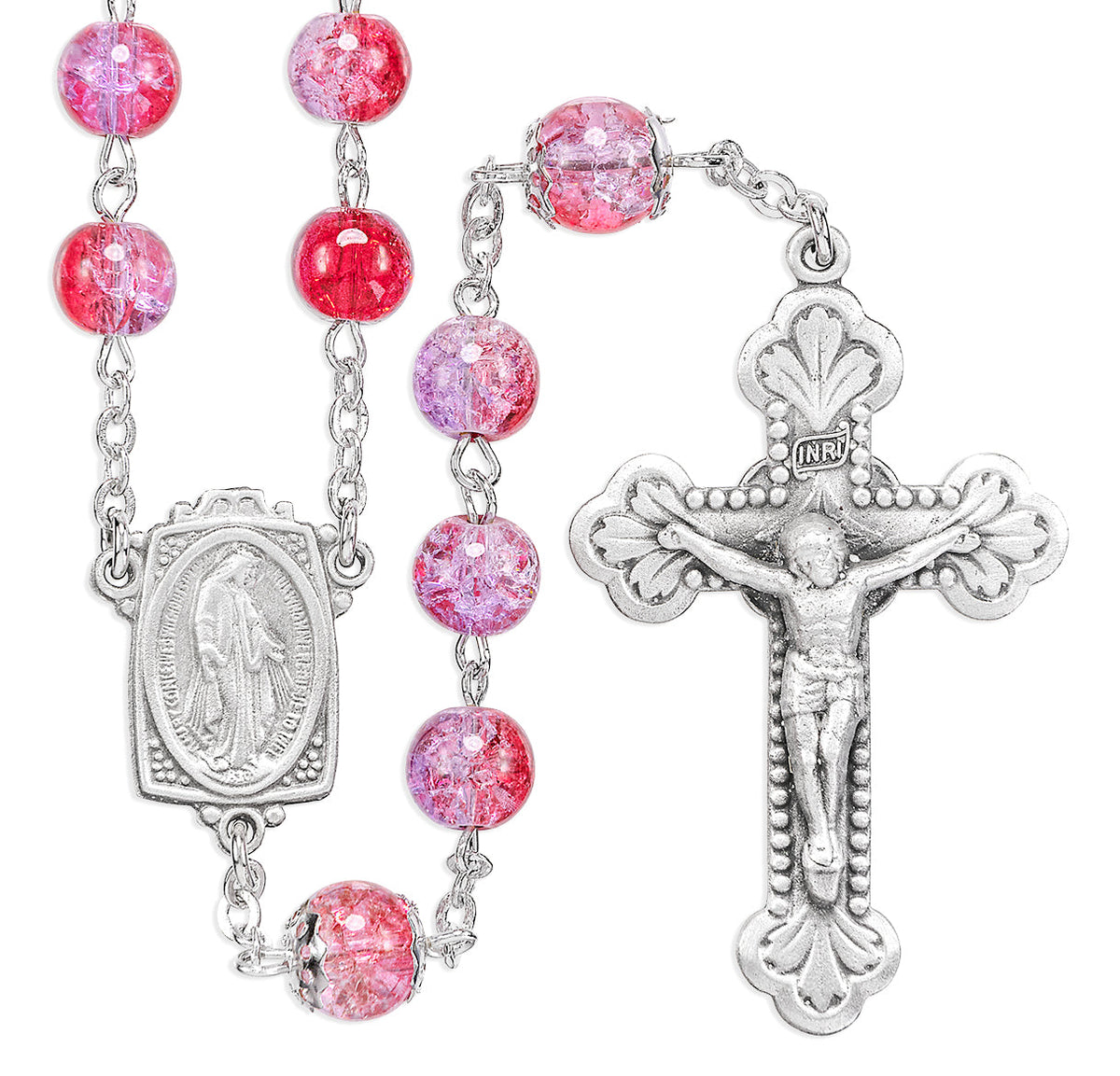 HMH Religious Ruby/Amethyst Crackle Glass Pewter Rosary