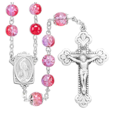 Ruby/Amethyst Crackle Glass Pewter Rosary, HMH Religious