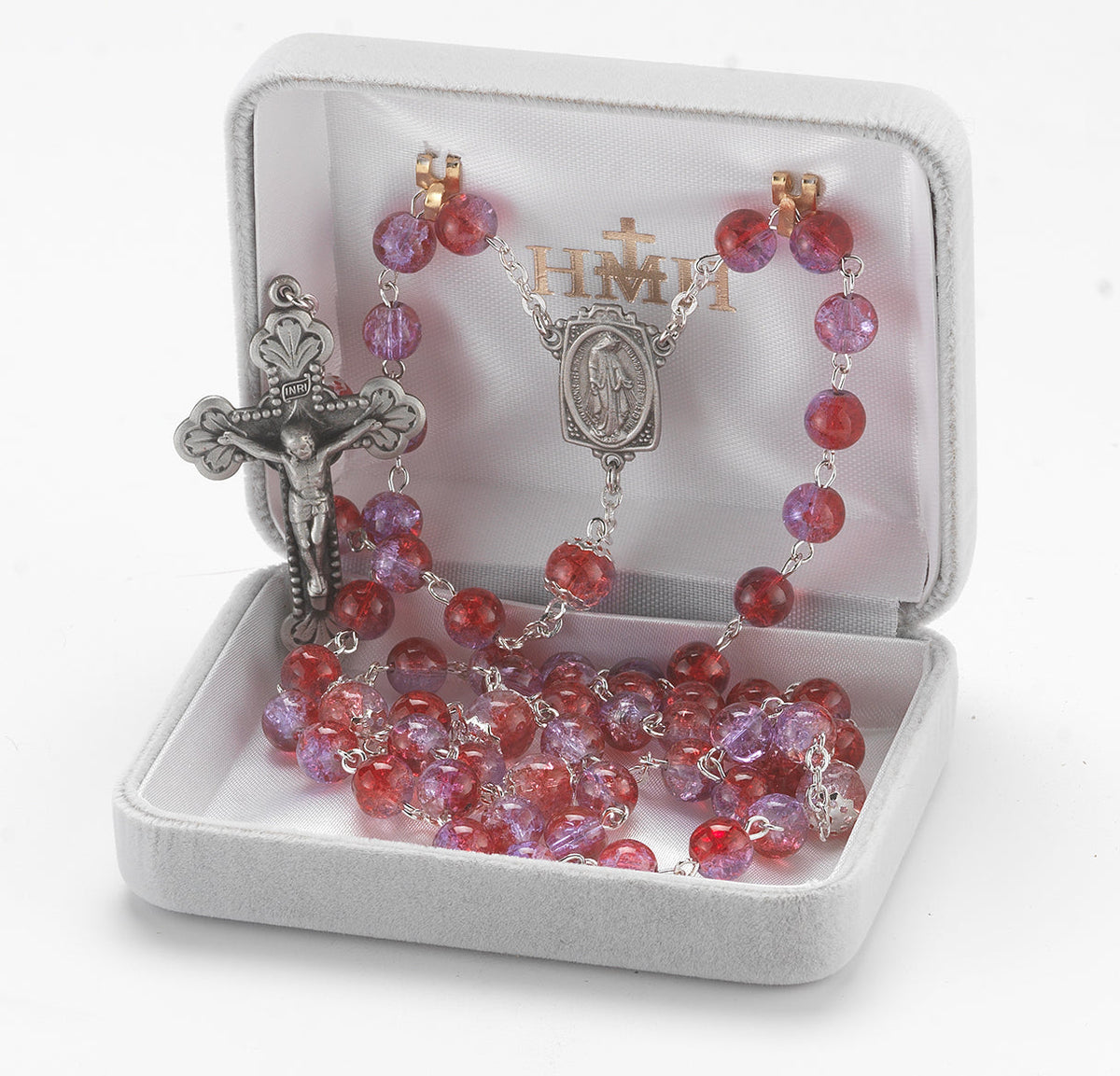 HMH Religious Ruby/Amethyst Crackle Glass Pewter Rosary