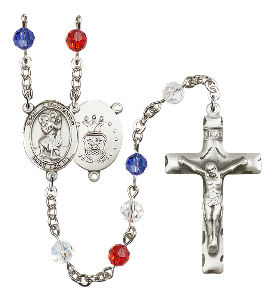 Bliss Manufacturing Air Force St Christopher Red/White & Blue Silver-plated Rosary