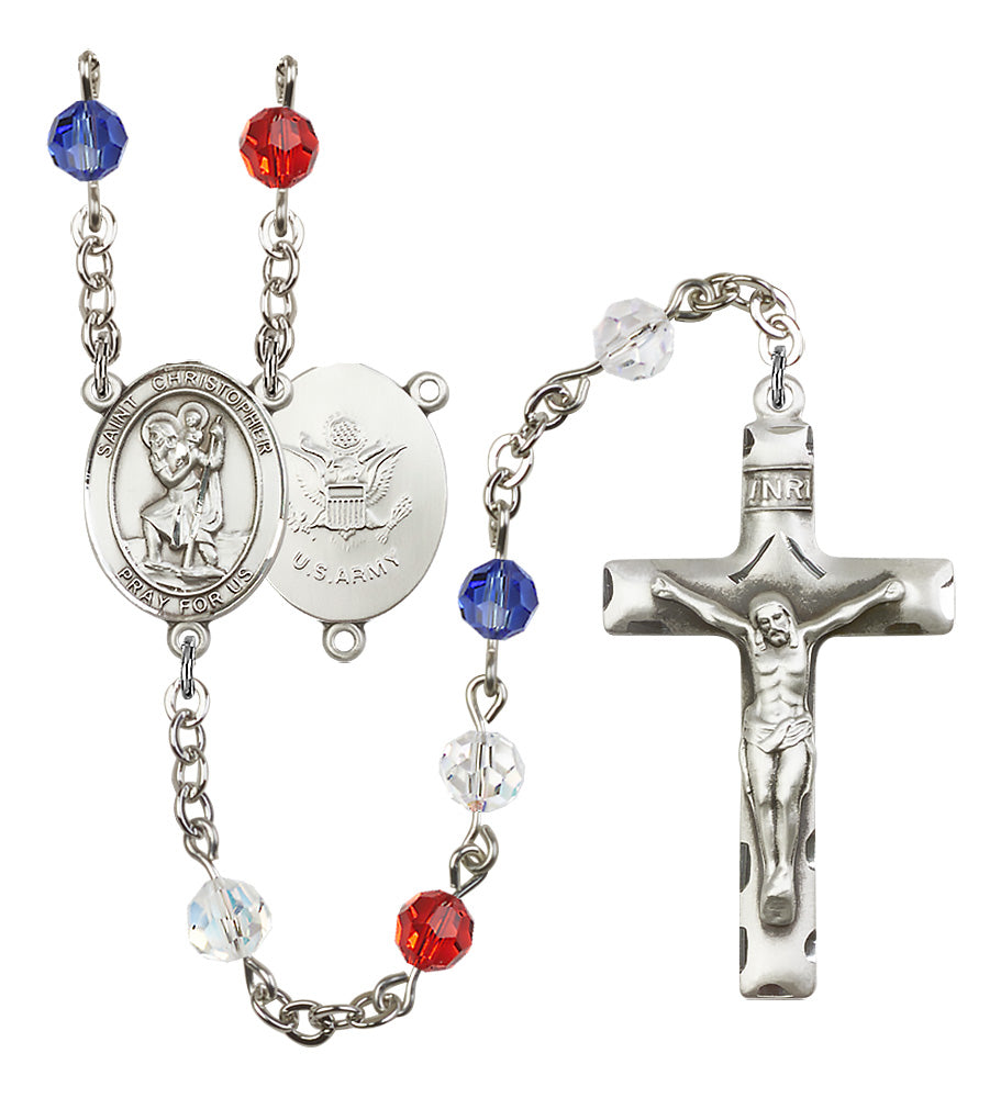 Bliss Manufacturing Army St Christopher Red/White & Blue Silver-plated Rosary