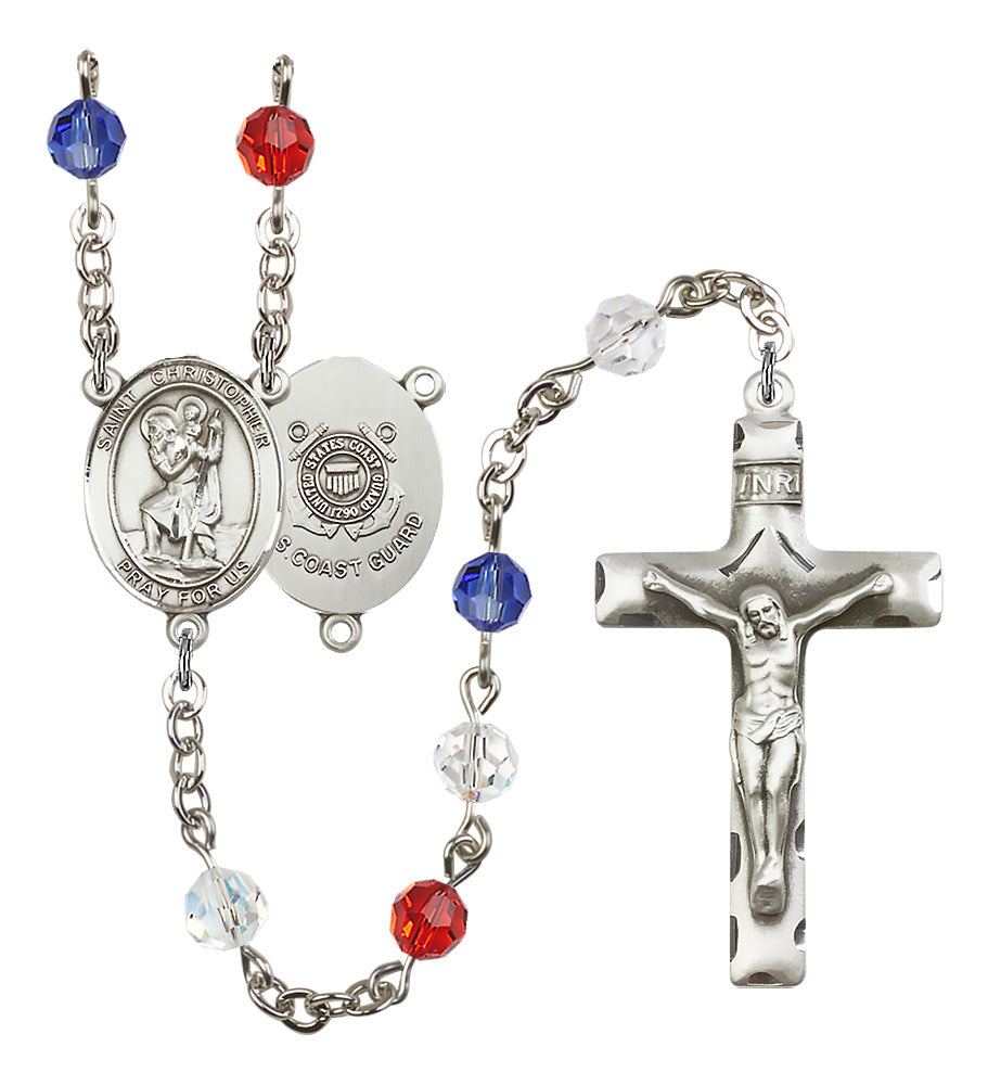 Bliss Manufacturing Coast Guard St Christopher Red/White & Blue Silver-plated Rosary