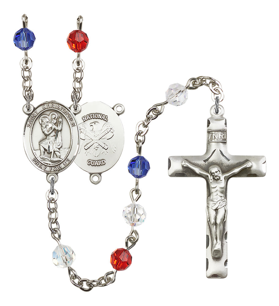 Bliss Manufacturing National Guard St Christopher Red/White & Blue Silver-plated Rosary