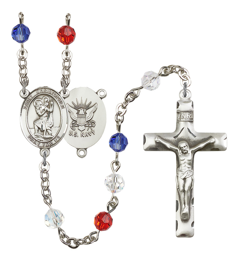 Bliss Manufacturing Navy St Christopher Red/White & Blue Silver-plated Rosary