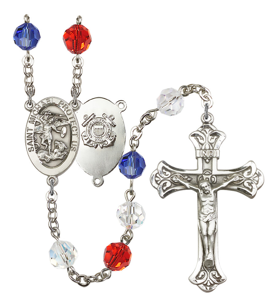 Bliss Manufacturing Coast Guard St Michael Red/White/Blue Crystal Rosary