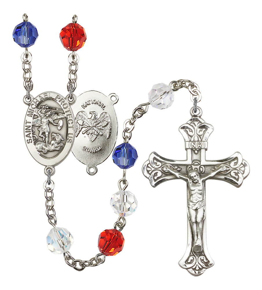 Bliss Manufacturing National Guard St Michael Red/White/Blue Crystal Rosary