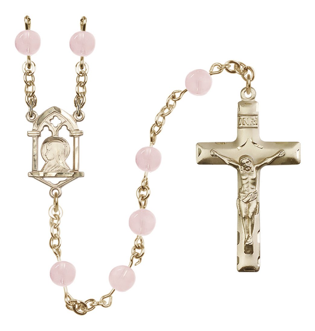 Bliss Madonnaa and Sacred Heart 14kt Gold Pink Quartz Rosary,