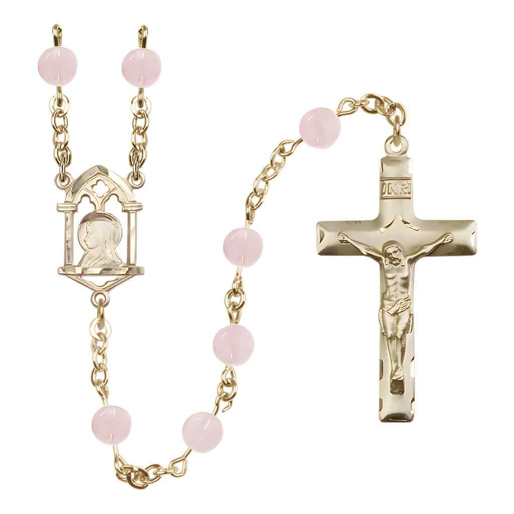 Madonna and Sacred Heart Gold-filled Pink Quartz Rosary, Bliss Manufacturing