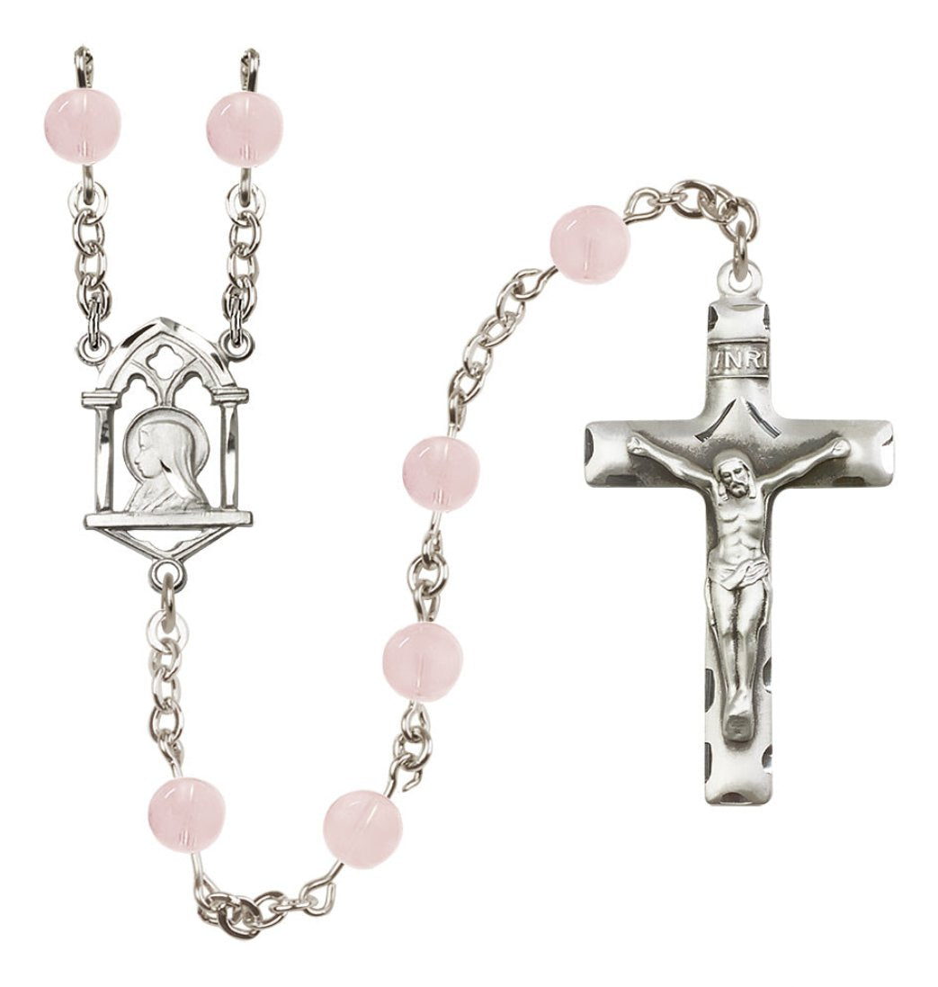 Bliss Madonna and Sacred Heart Sterling Silver Pink Quartz Rosary,