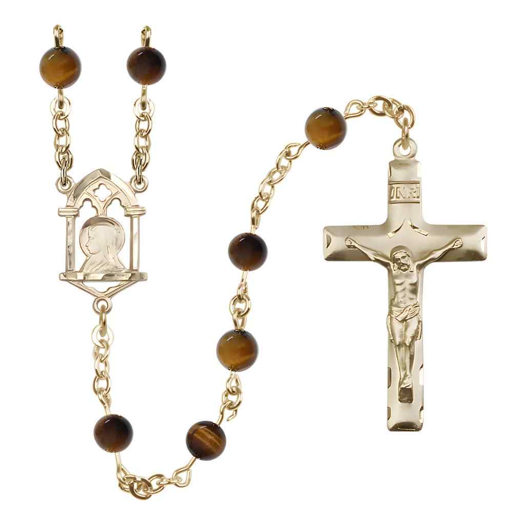 Madonna And Sacred Heart Of Jesus 14kt Gold Brown Tiger Eye Bead Rosary, Bliss Manufacturing