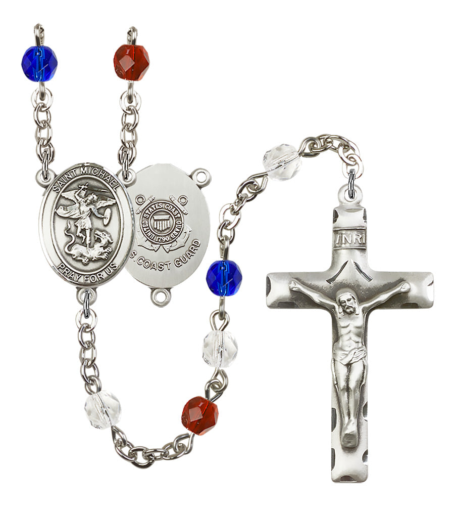 Bliss Manufacturing Coast Guard St Michael Red/White/Blue Silver-plated Rosary