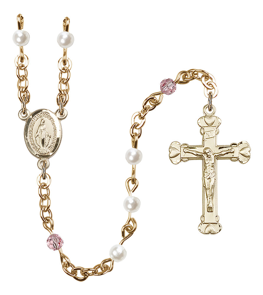 Bliss Miraculous Gold-plated Light Rose Crystal and Imitation Pearl Rosary