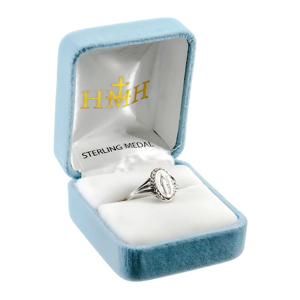 HMH Religious Miraculous Medal Sterling Silver Ring with detail edge in Gift Box