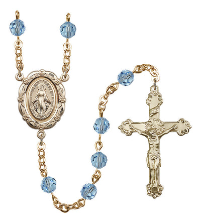 6mm Crystal Gold-Plated Rosary w/Gold-filled Center/Crucifix in Aqua, Bliss Manufacturing