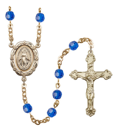 6mm Crystal Gold-Plated Rosary w/Gold-filled Center/Crucifix in Capri Blue, Bliss Manufacturing