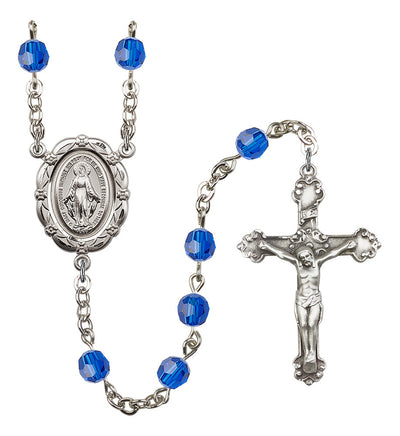 6mm Crystal Silver-Plated Rosary w/Sterling Center/Crucifix in Capri Blue, Bliss Manufacturing