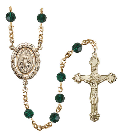 6mm Crystal Gold-Plated Rosary w/Gold-filled Center/Crucifix in Emerald, Bliss Manufacturing