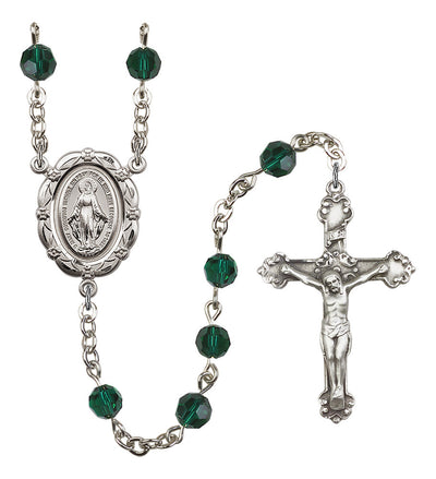 6mm Crystal Silver-Plated Rosary w/Sterling Center/Crucifix in Emerald, Bliss Manufacturing