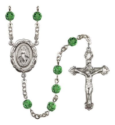 6mm Crystal Silver-Plated Rosary w/Sterling Center/Crucifix in Erinite, Bliss Manufacturing
