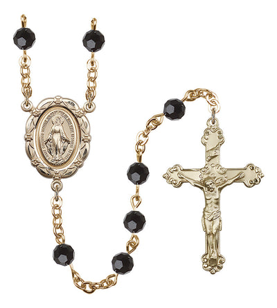 6mm Crystal Gold-Plated Rosary w/Gold-filled Center/Crucifix in Jet, Bliss Manufacturing