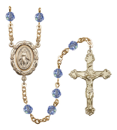 6mm Crystal Gold-Plated Rosary w/Gold-filled Center/Crucifix in Light Sapphire, Bliss Manufacturing