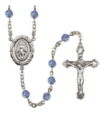 6mm Crystal Silver-Plated Rosary w/Sterling Center/Crucifix in Light Sapphire, Bliss Manufacturing