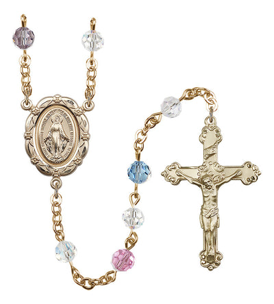 6mm Crystal Gold-Plated Rosary w/Gold-filled Center/Crucifix in Multi-Color, Bliss Manufacturing