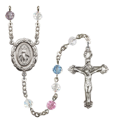 6mm Crystal Silver-Plated Rosary w/Sterling Center/Crucifix in Multi-Color, Bliss Manufacturing