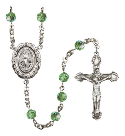 6mm Crystal Silver-Plated Rosary w/Sterling Center/Crucifix in Peridot, Bliss Manufacturing