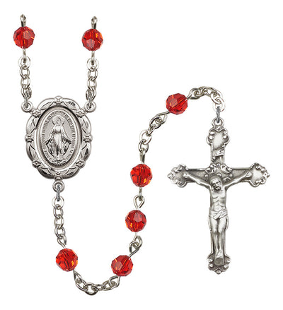 6mm Crystal Silver-Plated Rosary w/Sterling Center/Crucifix in Ruby, Bliss Manufacturing
