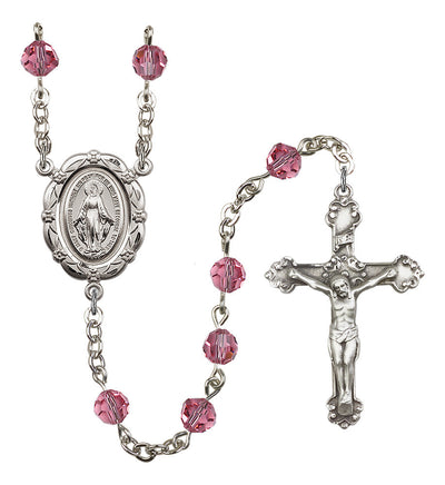 6mm Crystal Silver-Plated Rosary w/Sterling Center/Crucifix in Rose, Bliss Manufacturing